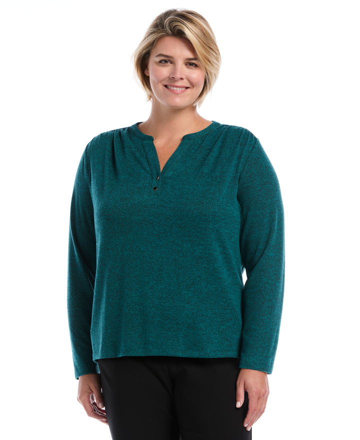 Plus Size Shirred Split Neck Top (Deep Teal) 