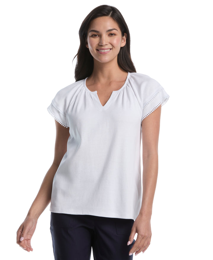 Petite Eyelet Flutter Sleeve Split Neck Top (White) 