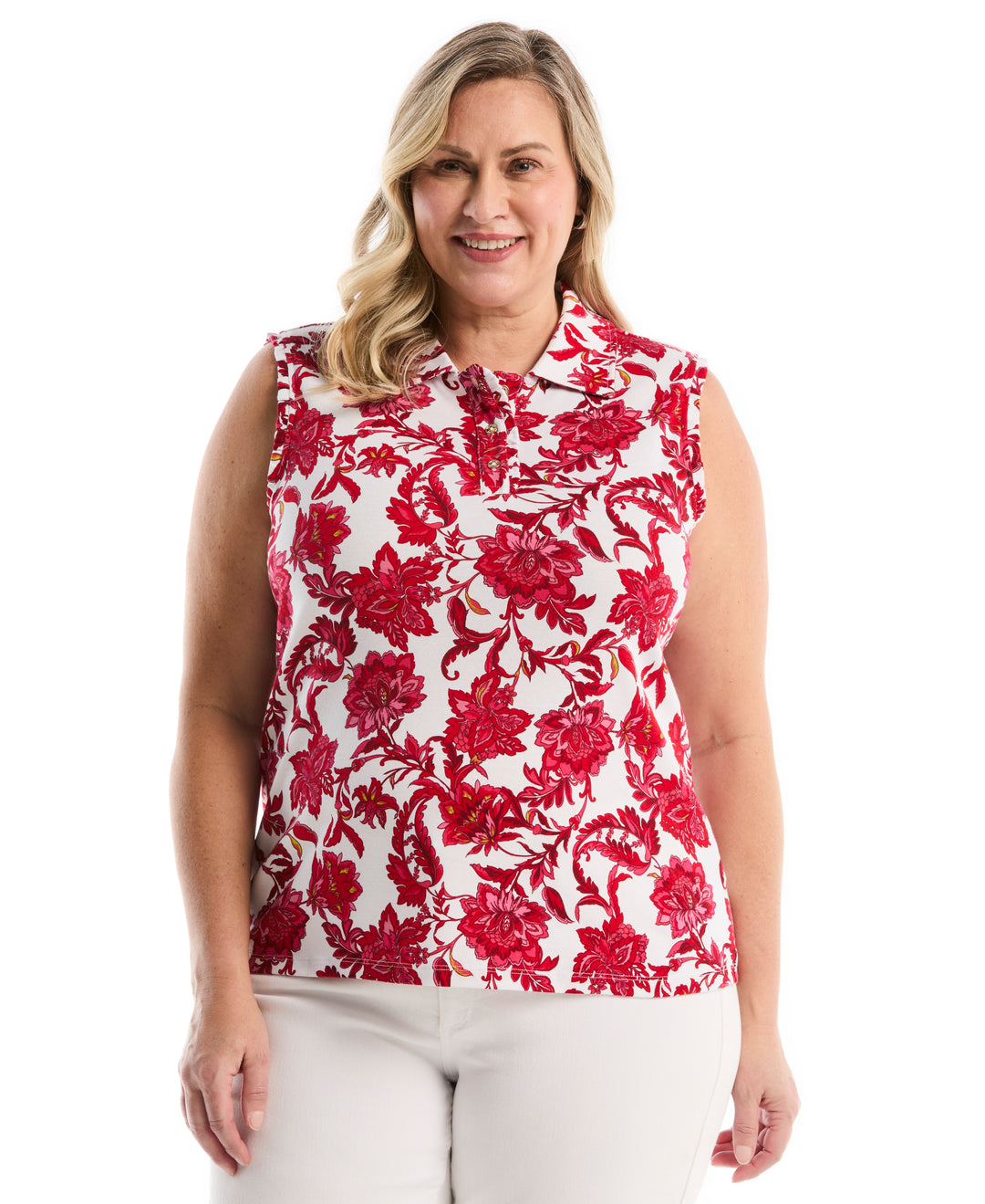 Plus Size Botanical Print Ruffle Trim Polo (Raspberry) 
