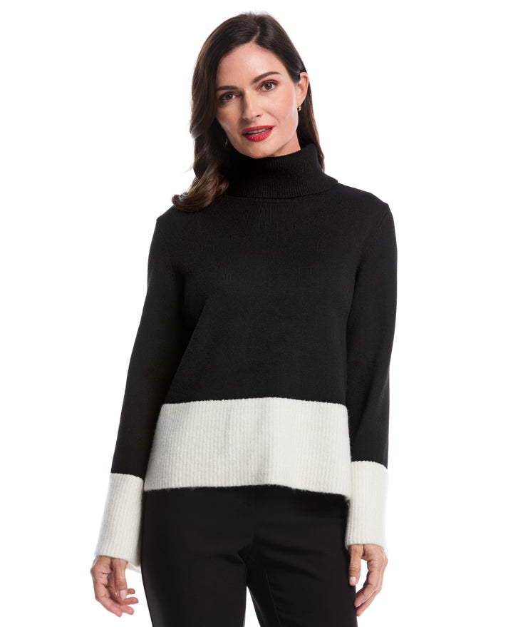 Petite Color Block Trim Turtleneck Sweater (Black) 