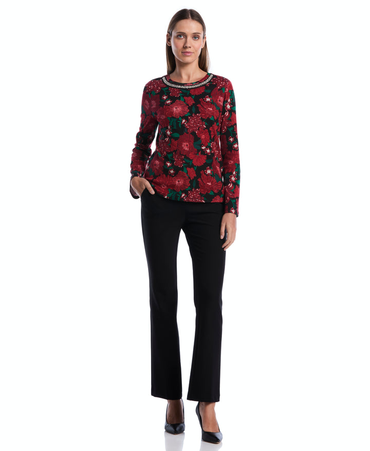 Petite Floral Print Embellished Neckline Top (Jester Red) 