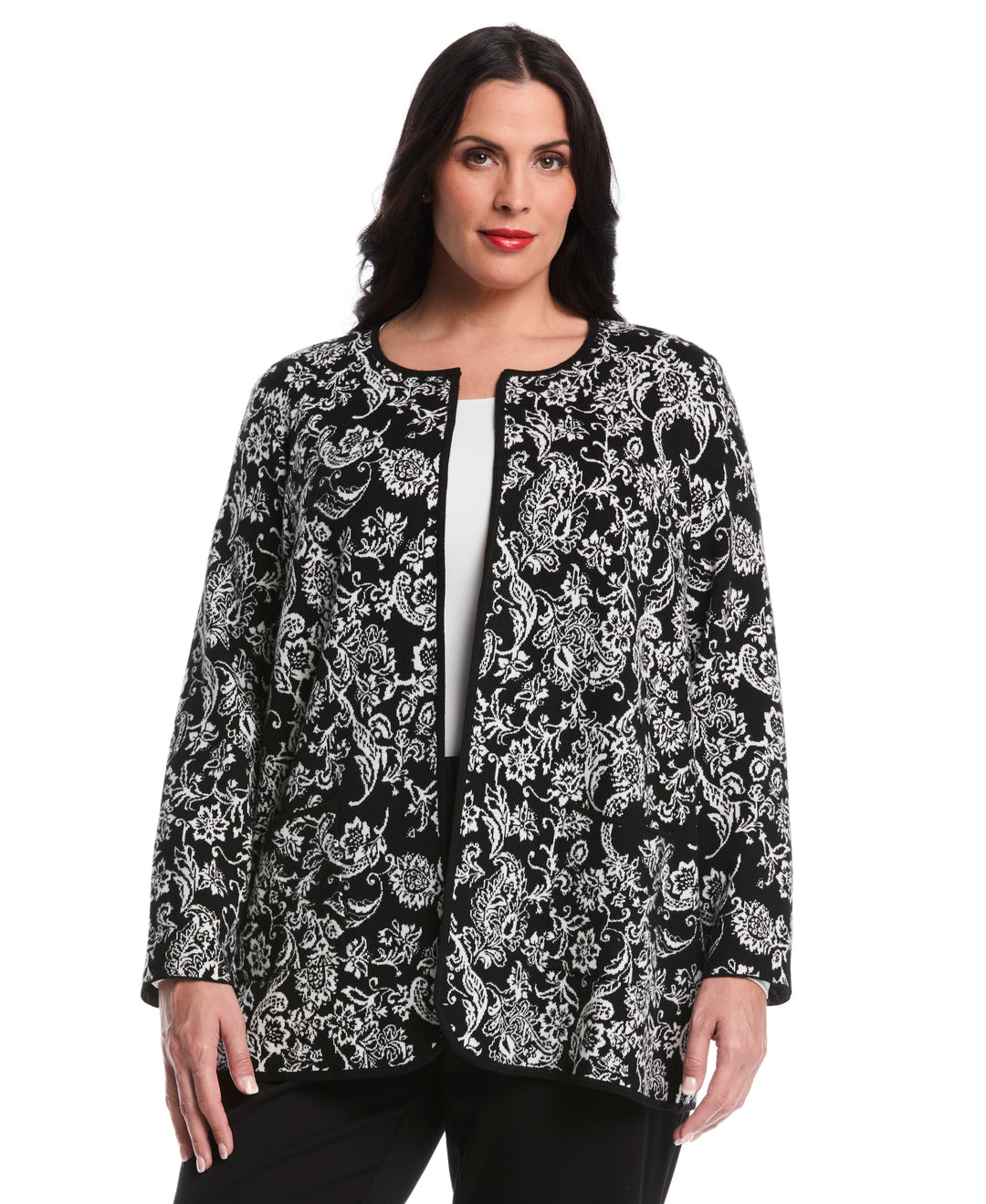 Plus Size Paisley Print Patch Pocket Open Cardigan (Black) 