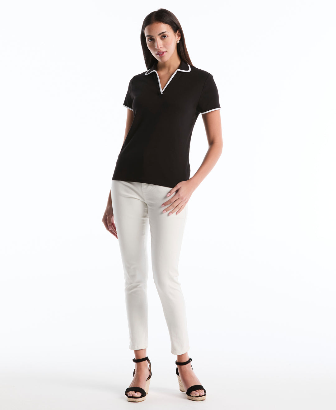 Contrast Trim Johnny Collar Polo (Black) 