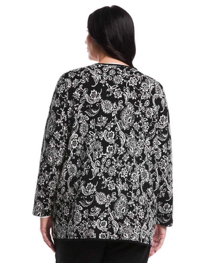 Plus Size Paisley Print Patch Pocket Open Cardigan (Black) 