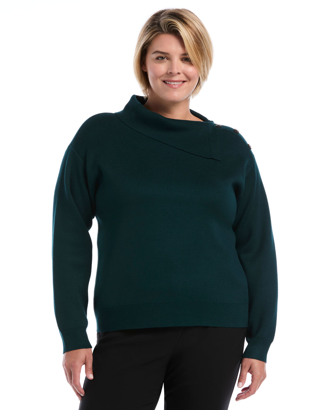 Plus Size Split Neck Button Detail Sweater (Deep Teal) 