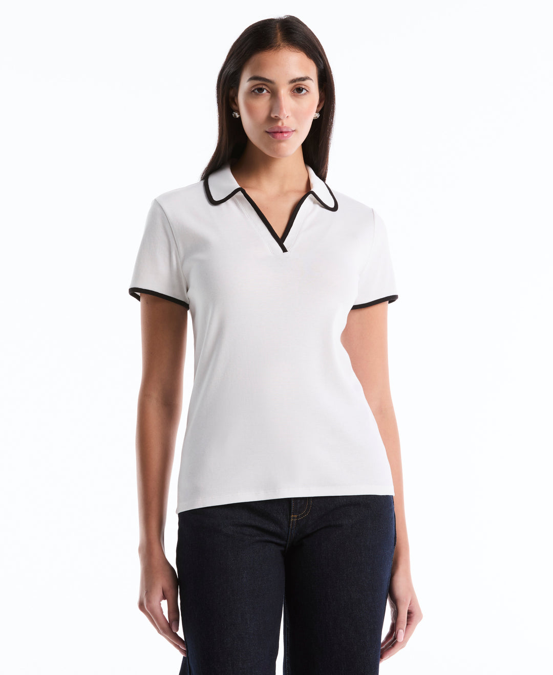 Contrast Trim Johnny Collar Polo (White) 