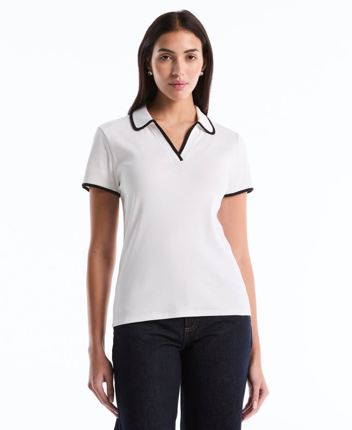 Contrast Trim Johnny Collar Polo (White) 