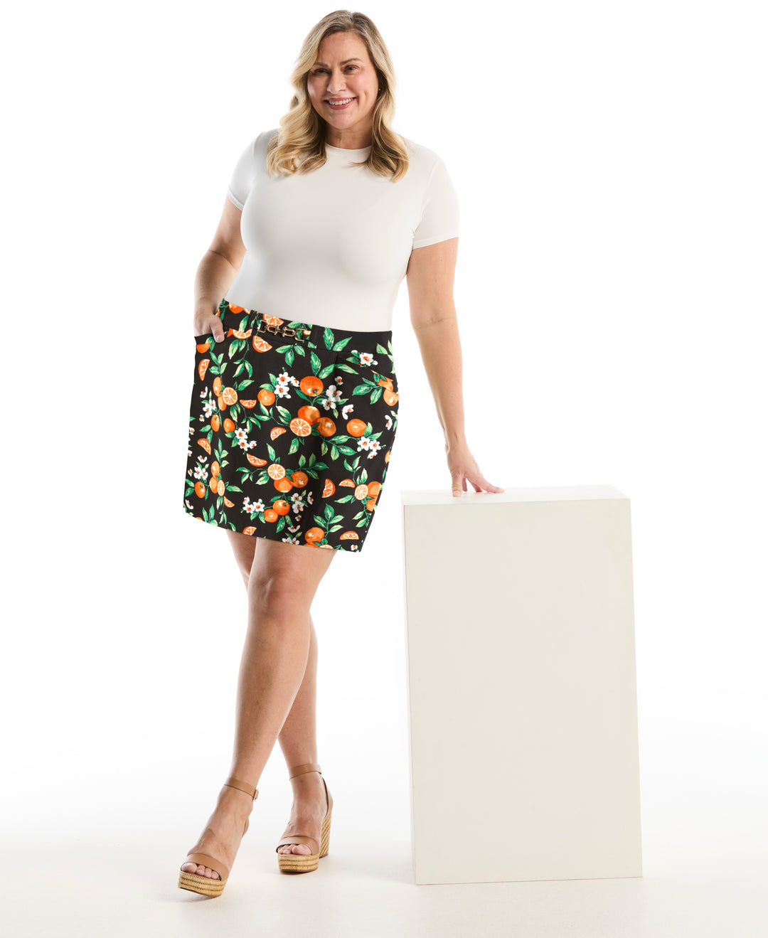 Plus Size Orange Print Horse Bit Belted Skort (Nectarine) 