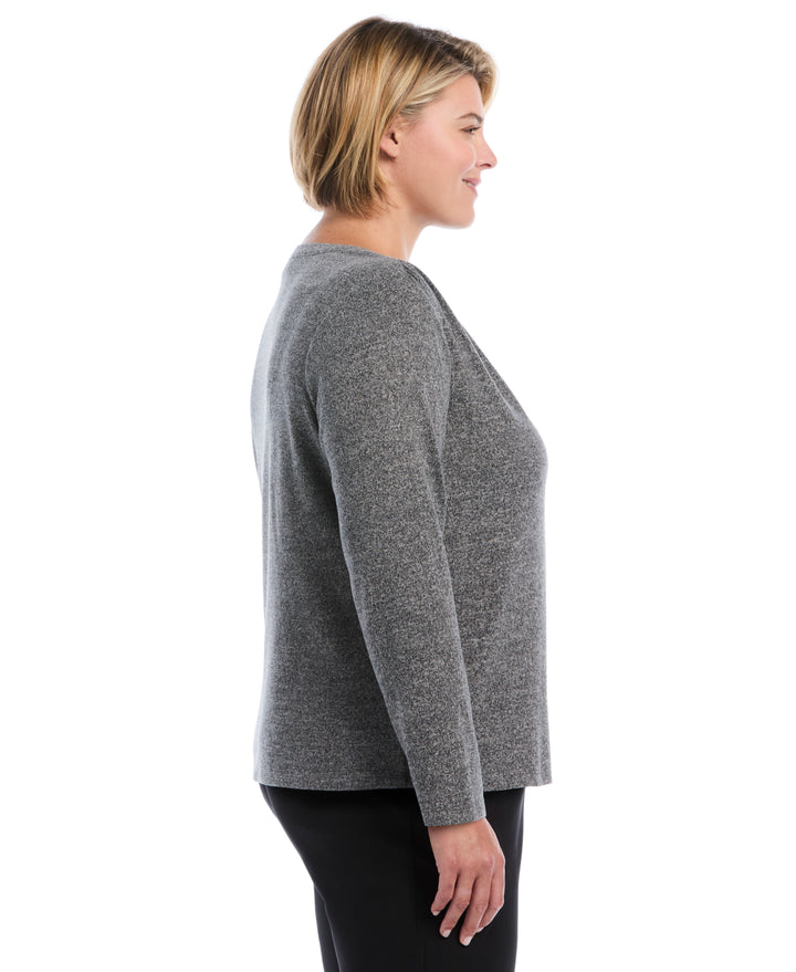 Plus Size Shirred Split Neck Top (Salt And Pepper Hthr) 