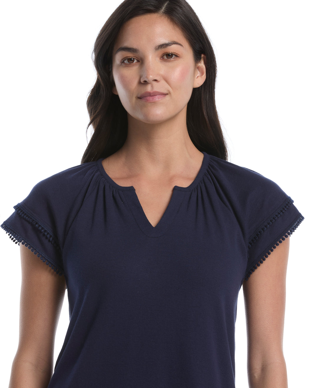Petite Eyelet Flutter Sleeve Split Neck Top (Peacoat) 