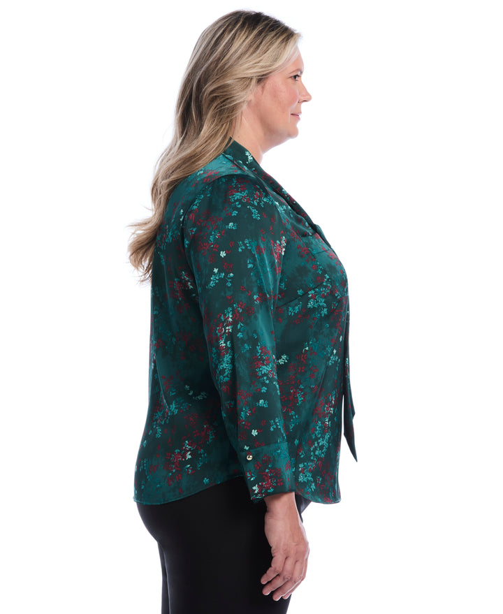 Plus Size Floral Tie Neck Patch Pocket Blouse (Ponderosa Pine) 