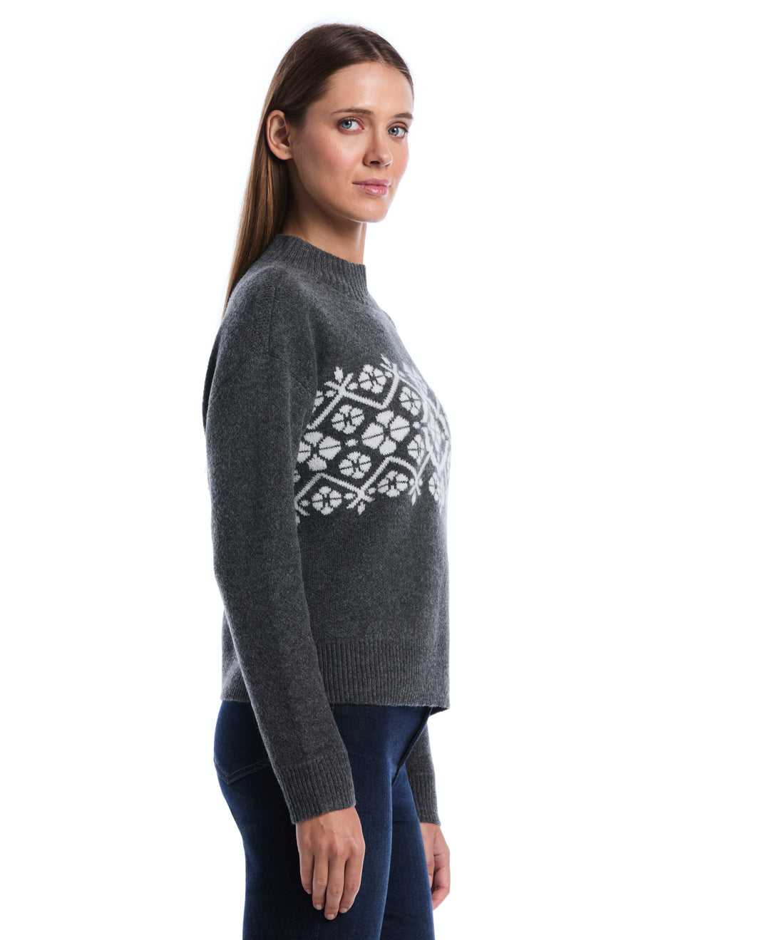 Floral Argyle Mock Neck Sweater (Charcoal) 