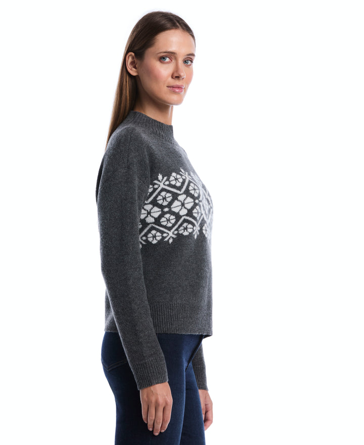 Floral Argyle Mock Neck Sweater (Charcoal) 