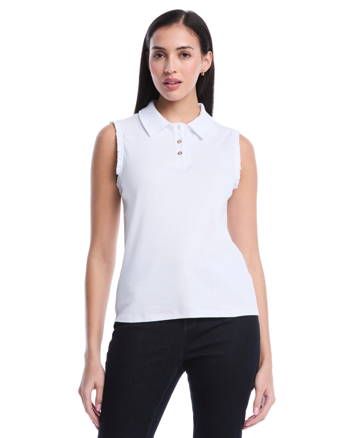 Petite Ruffle Trim Polo (White) 