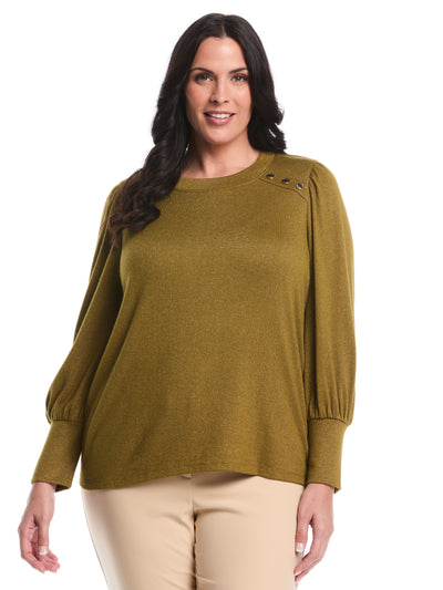 Plus Size Metallic Puff Sleeve Crew Neck Top (Fir Green) 