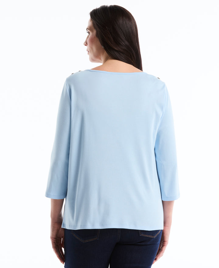 Plus Size Button Detail 3/4 Sleeve Top (Cerulean) 