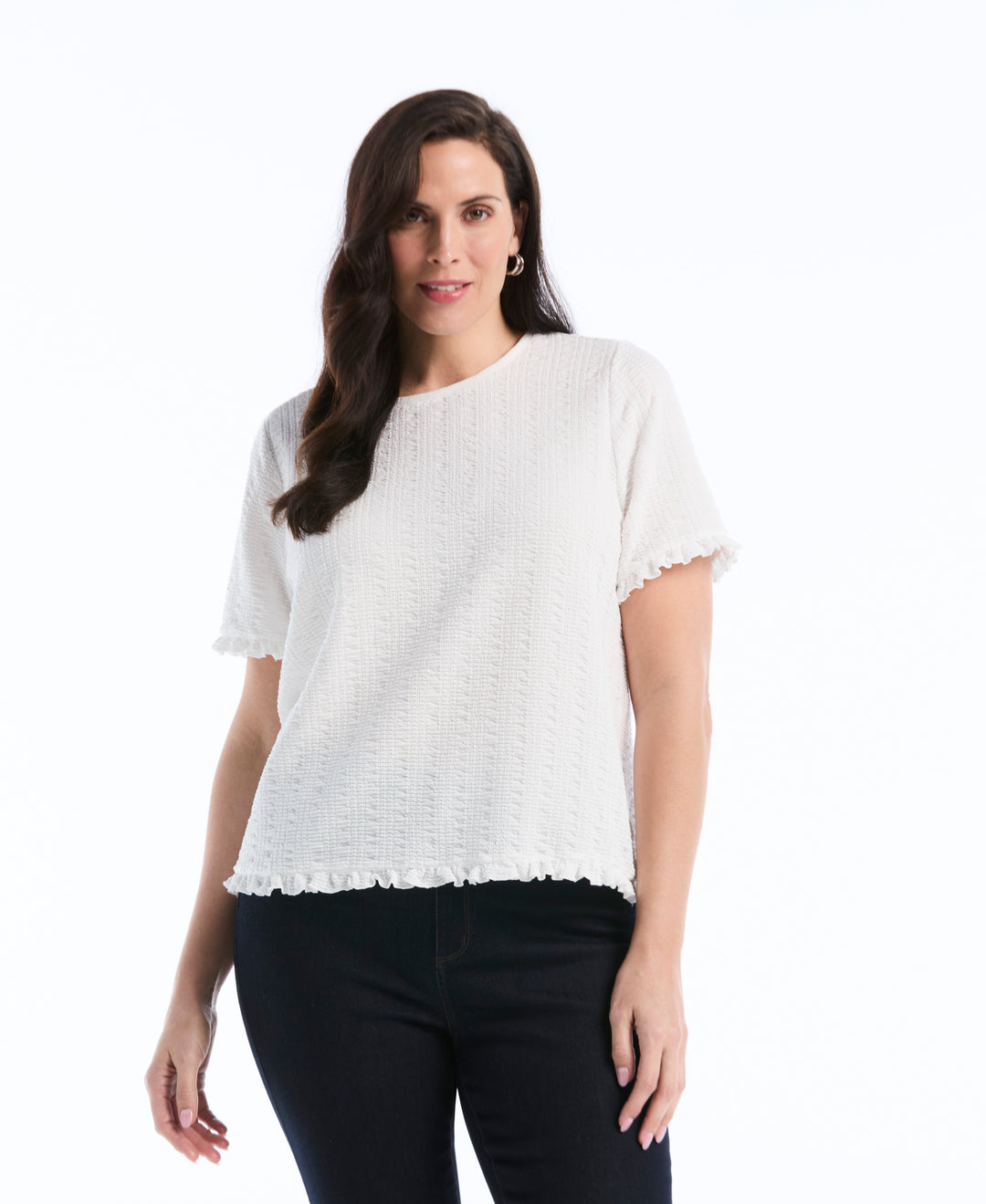 Plus Size Puckered Ruffle Sleeve Top (Star White) 