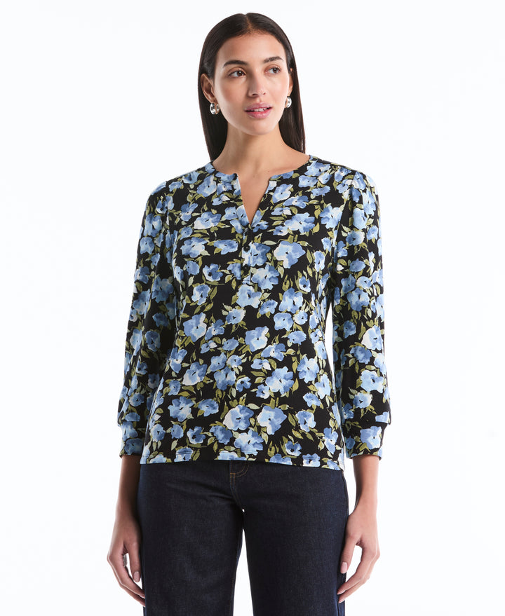 Floral Print Shirred Top (Black) 