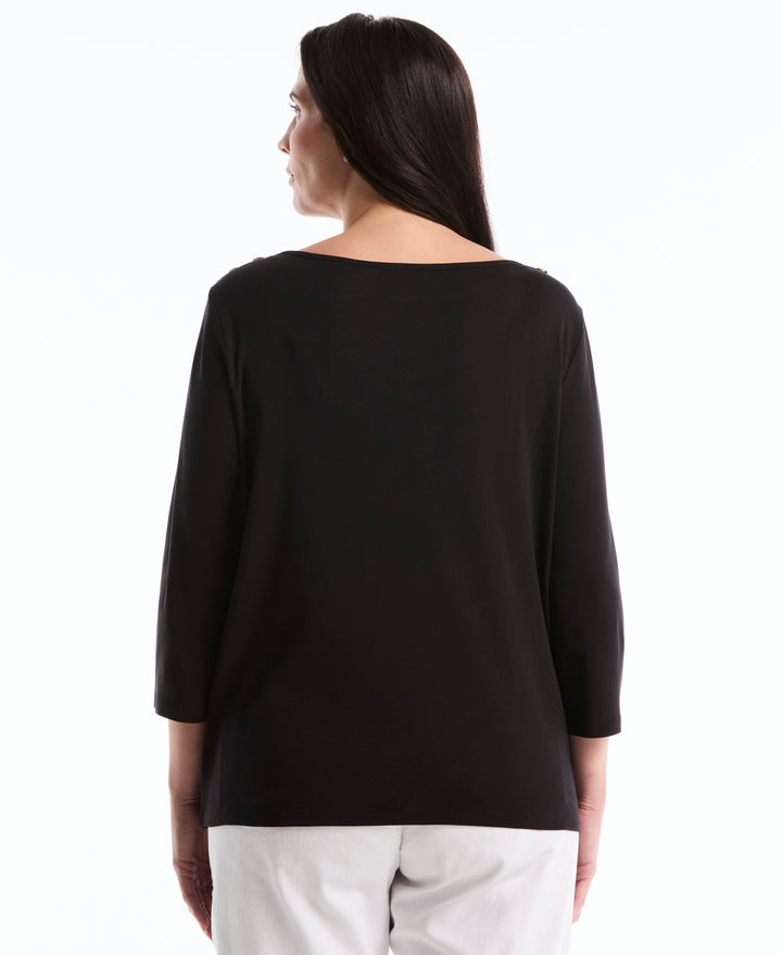 Plus Size Button Detail 3/4 Sleeve Top (Black) 
