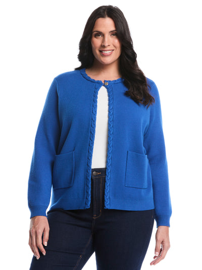 Plus Size Cable Knit Trim Cardigan (Nautical Blue) 