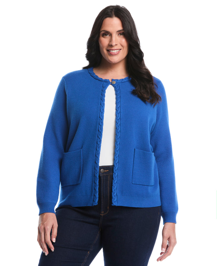 Plus Size Cable Knit Trim Cardigan (Nautical Blue) 