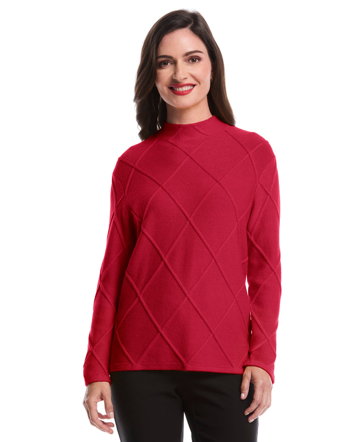 Petite Diamond Stitch Mock Neck Sweater (Rio Red) 