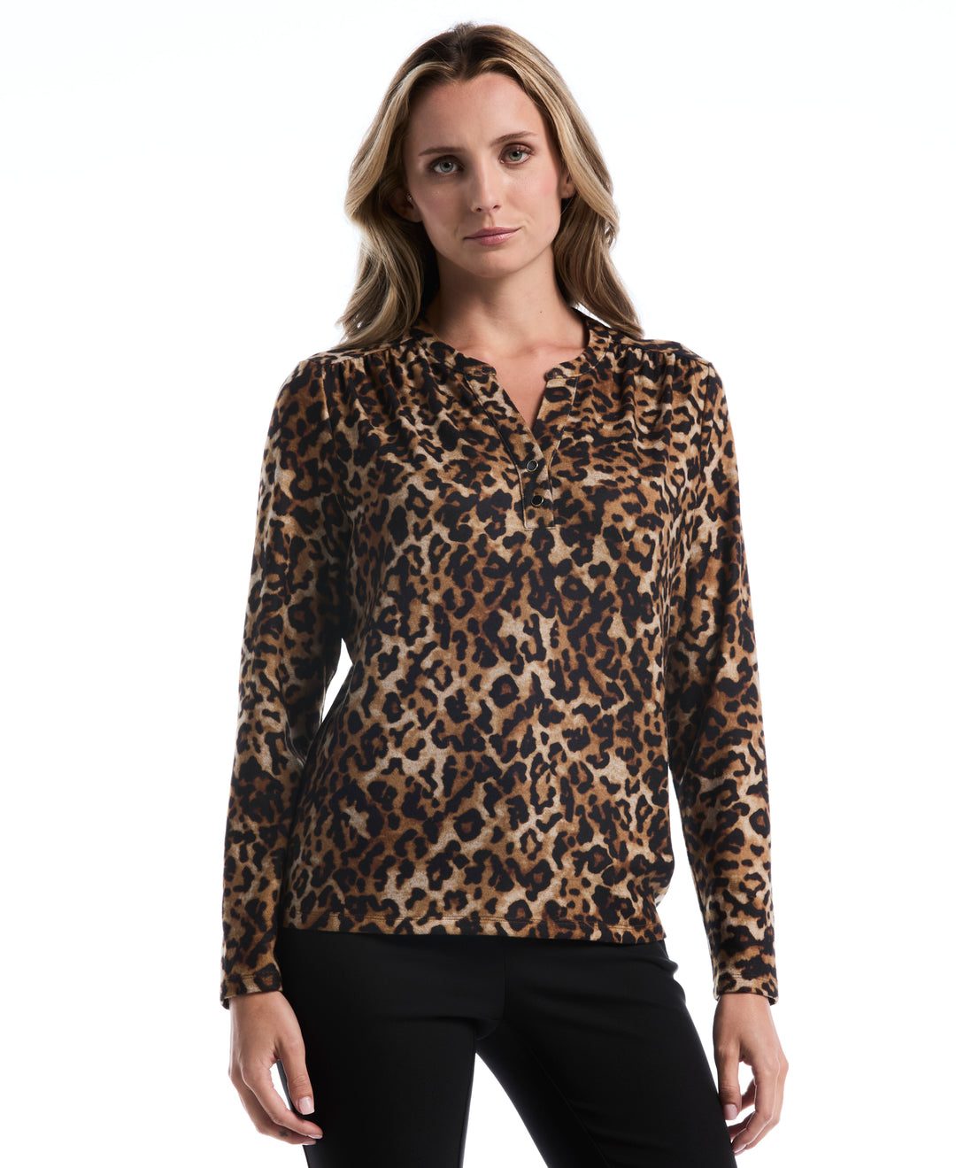 Petite Leopard Print Shirred Split Neck Top (Monks Robe) 
