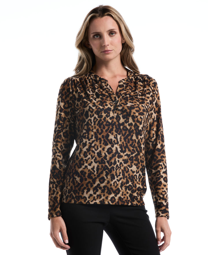 Petite Leopard Print Shirred Split Neck Top (Monks Robe) 