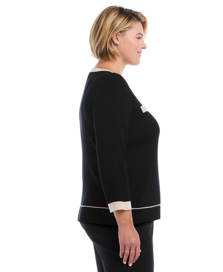Plus Size Contrast Trim Sweater (Black) 