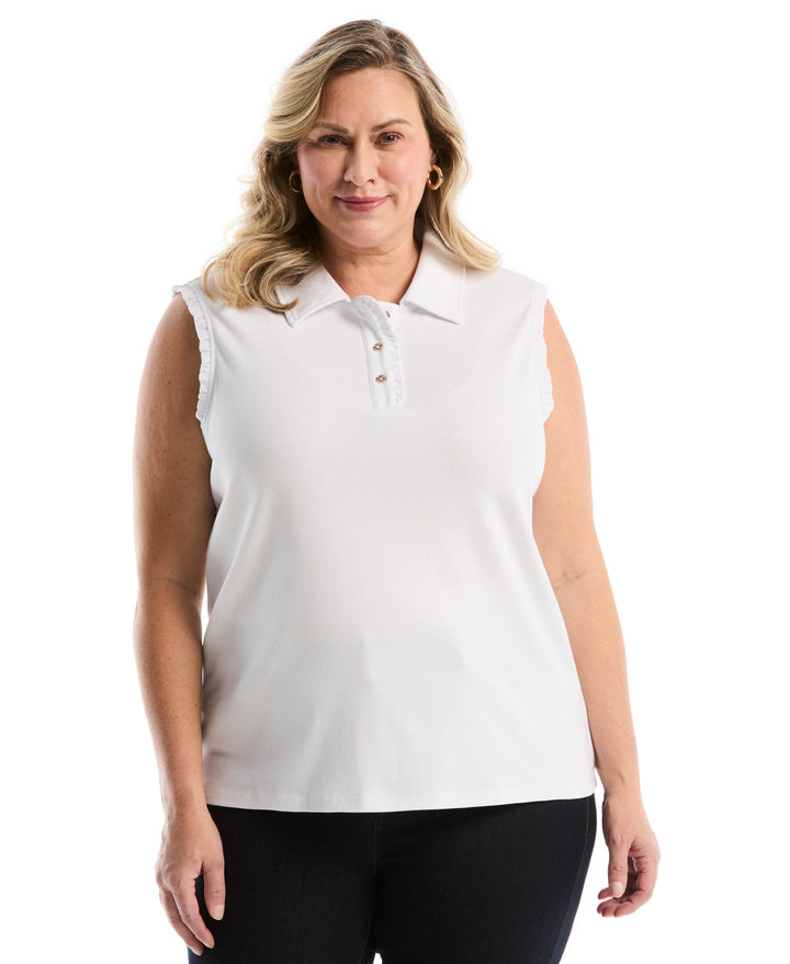 Plus Size Ruffle Trim Polo (White) 