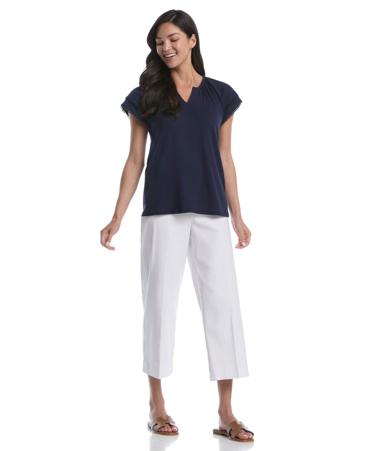 Petite Eyelet Flutter Sleeve Split Neck Top (Peacoat) 