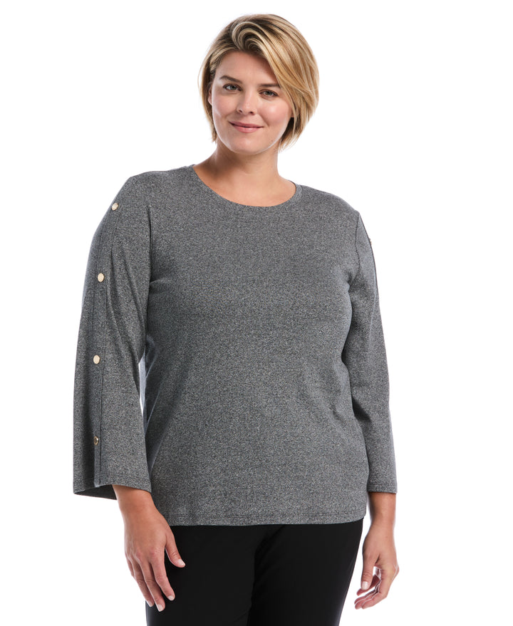 Plus Size Stud Trim Wide Sleeve Top (Salt And Pepper Hthr) 