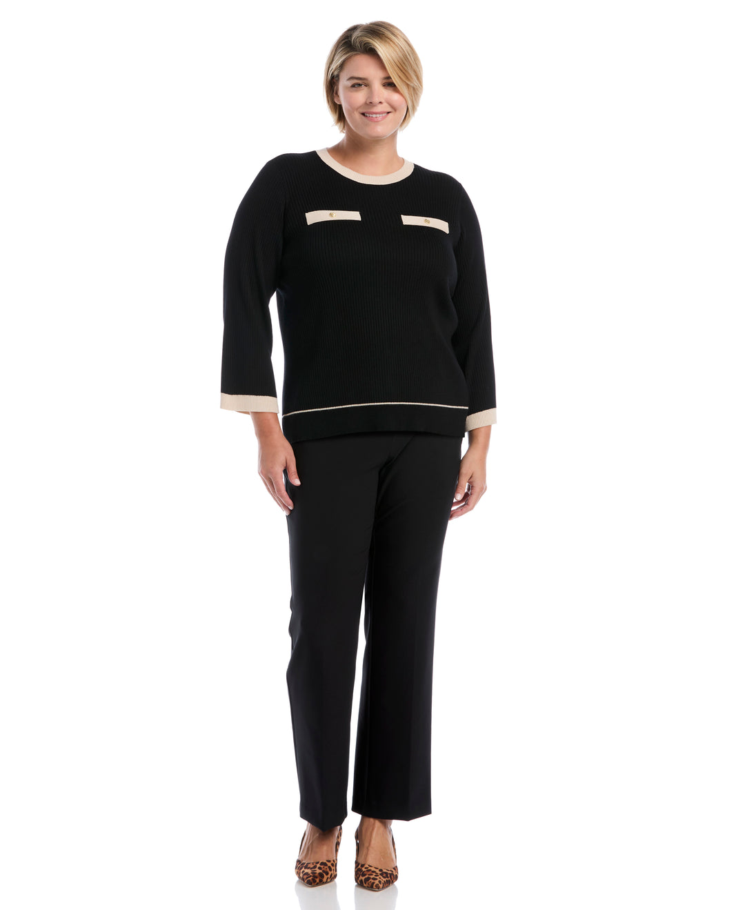 Plus Size Contrast Trim Sweater (Black) 