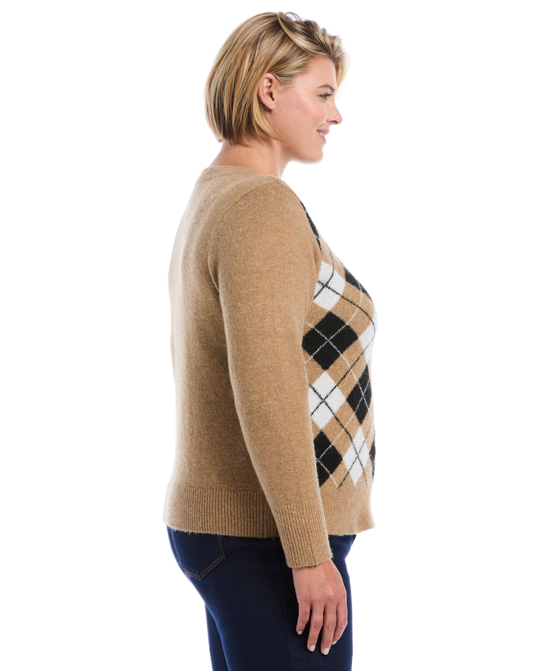 Plus Size Argyle V-Neck Sweater (Tobacco Brown) 