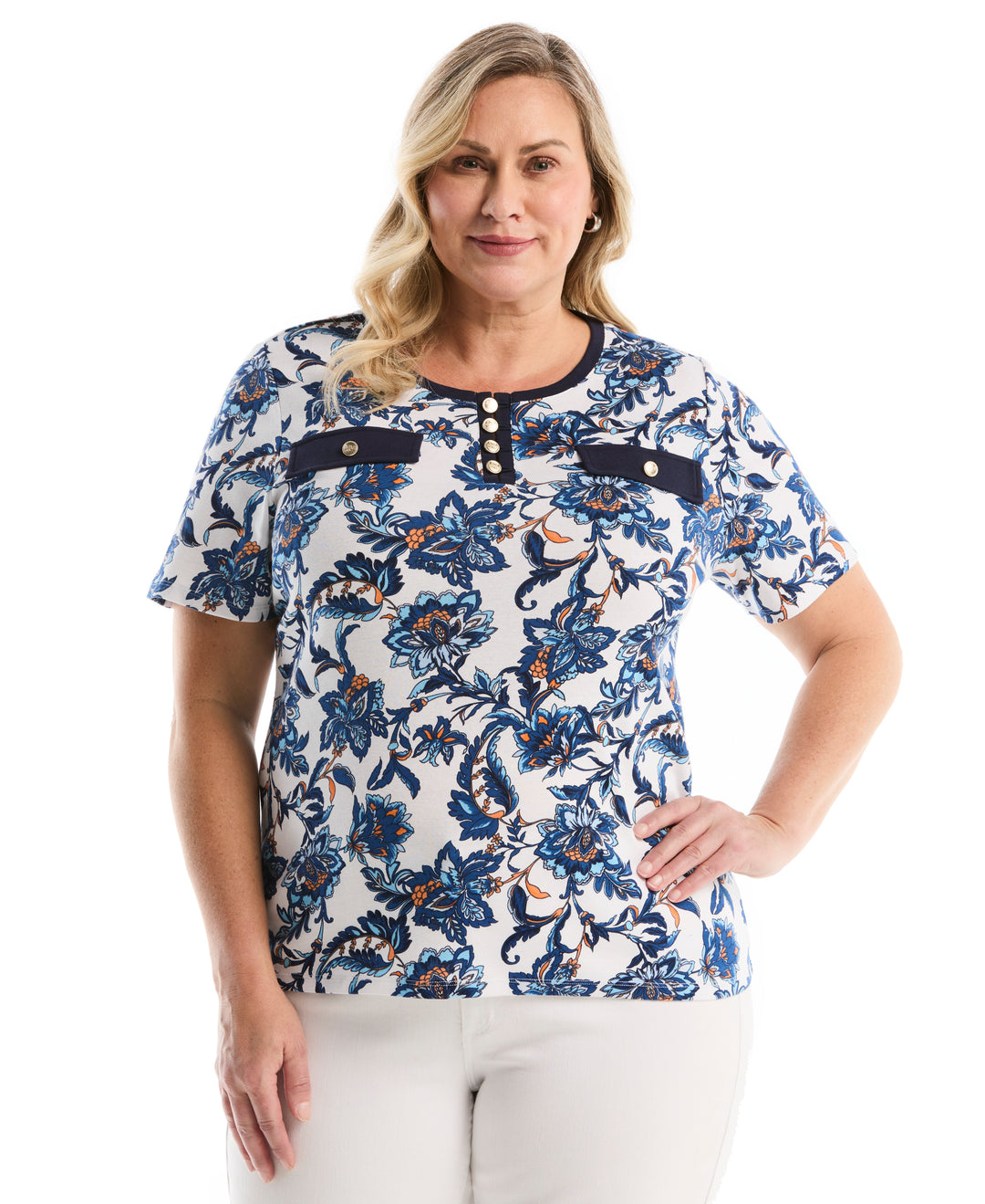 Plus Size Botanical Welt Pocket Button Detail Top (True Blue) 