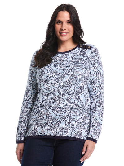 Plus Size Paisley Print Rivet Detail Sweater (Blue Bell) 