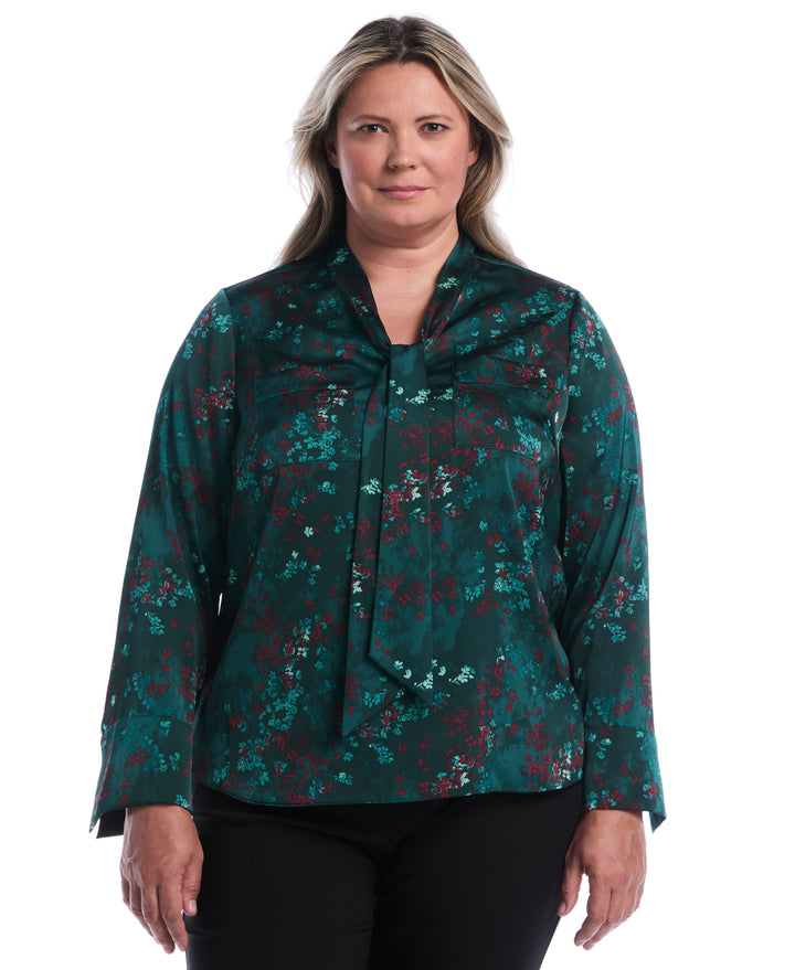 Plus Size Floral Tie Neck Patch Pocket Blouse (Ponderosa Pine) 