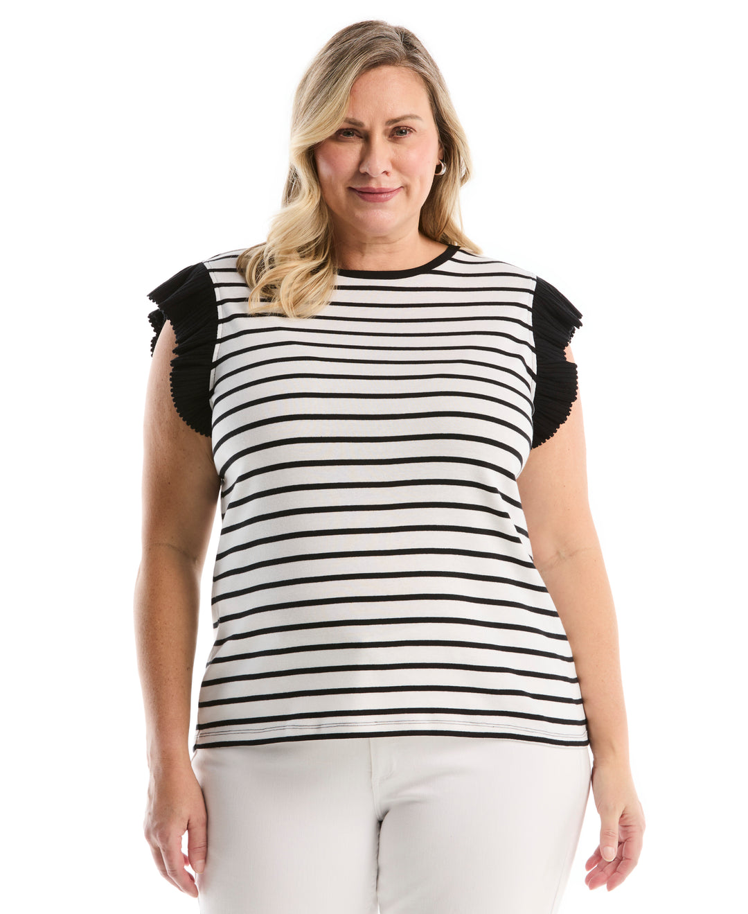 Plus Size Striped Ruffle Top (White) 
