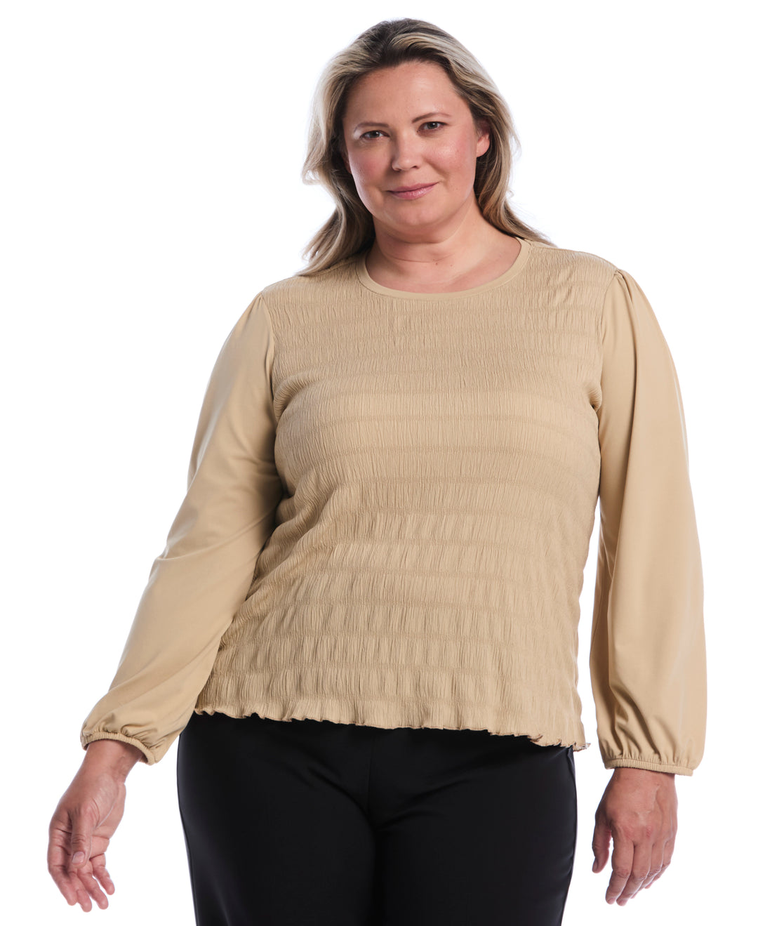 Plus Size Puff Sleeve Crew Neck Top (Oatmeal) 