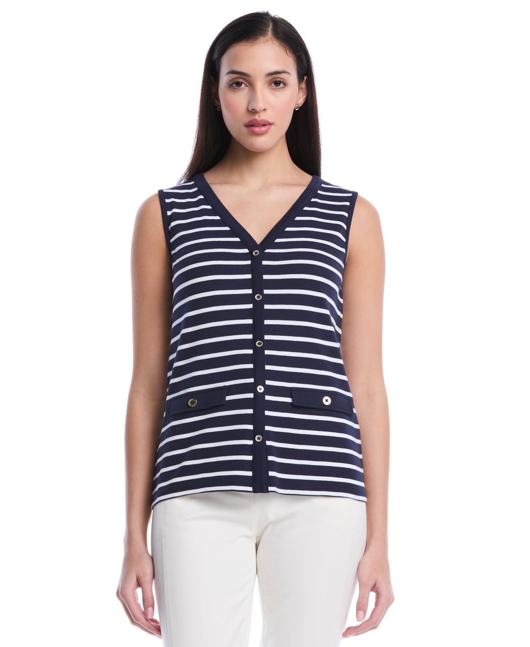 Petite Striped Button Front Tank Top (Peacoat) 