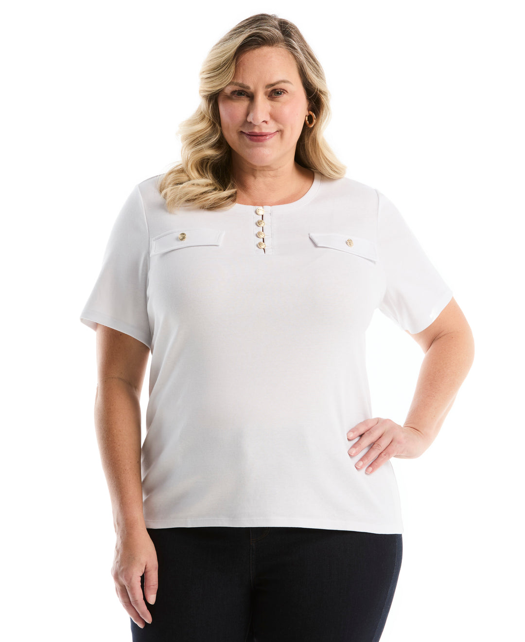 Plus Size Welt Pocket Button Detail Top (White) 