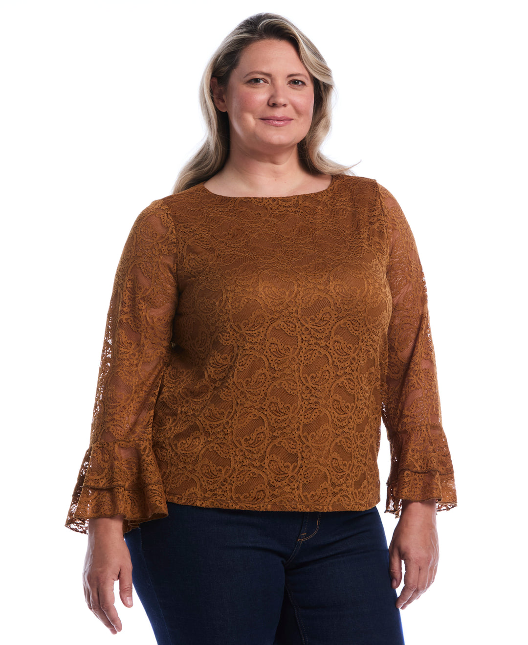 Plus Size Lace Ruffle Sleeve Boatneck Top (Monks Robe) 