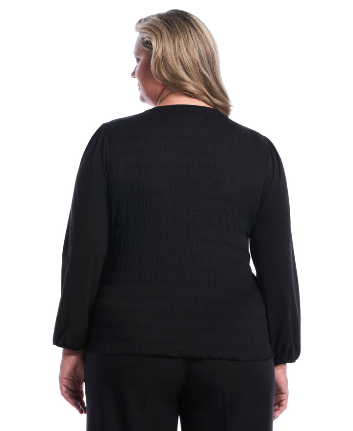 Plus Size Puff Sleeve Crew Neck Top (Black) 