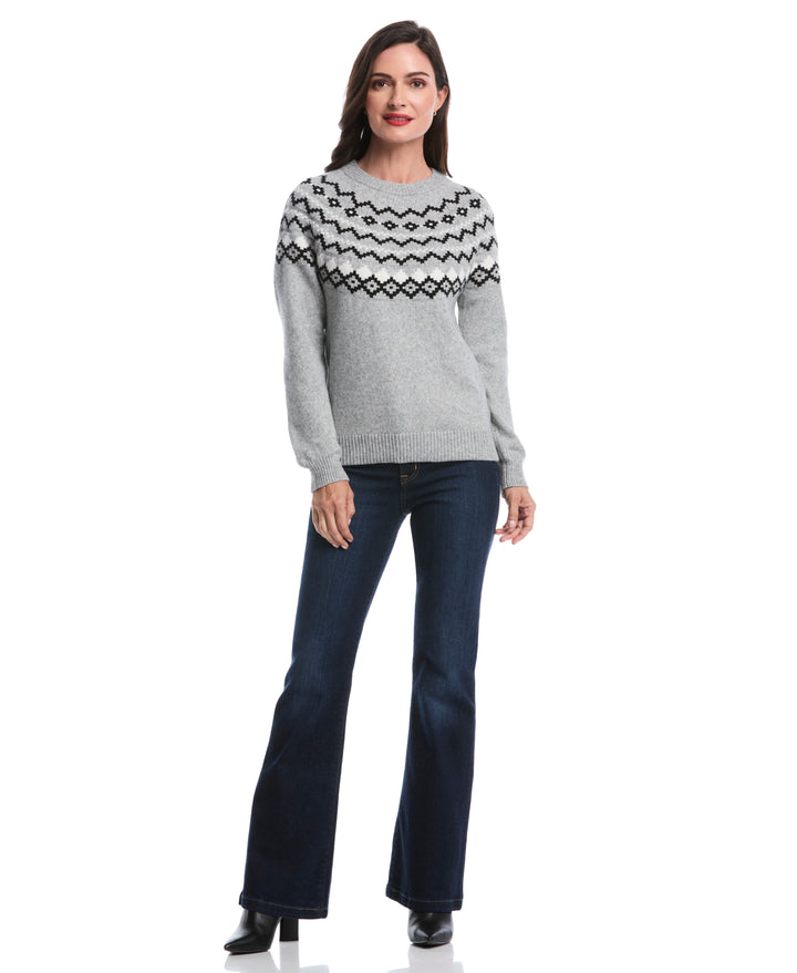 Petite Crew Neck Fair Isle Sweater (Dove Grey Heather) 