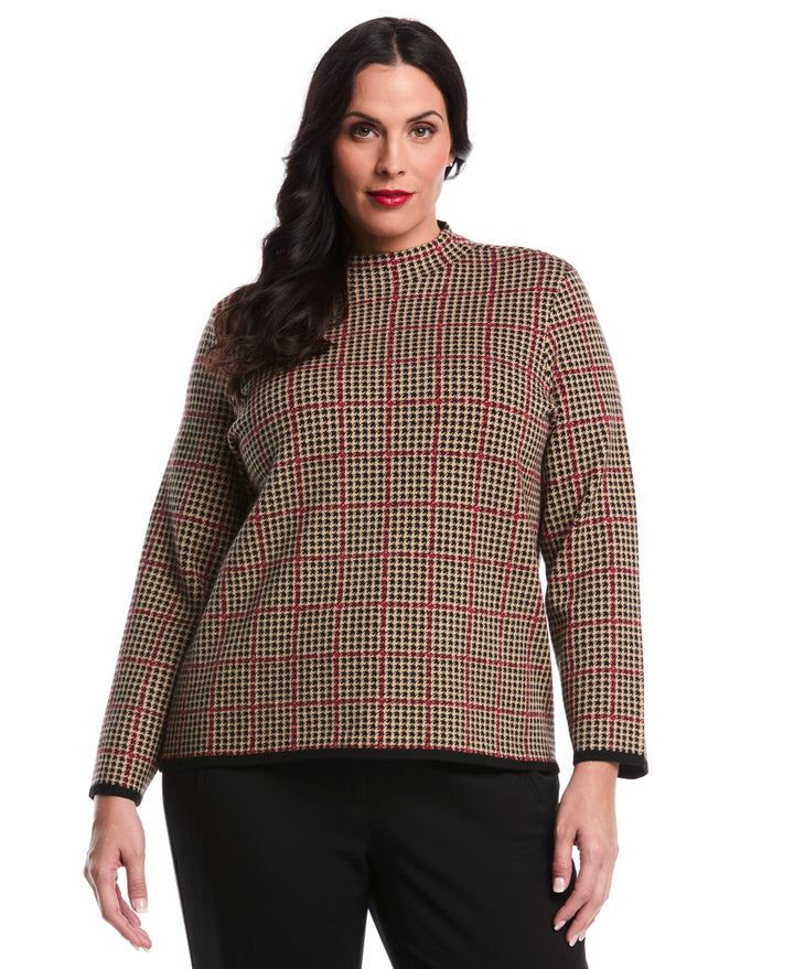 Plus Size Plaid Print Mock Neck Sweater (Rio Red) 