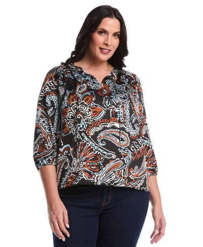 Plus Size Paisley Print Ruffle Puff Sleeve Top (Black) 