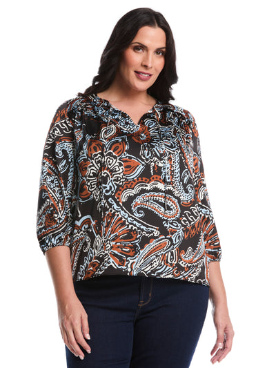 Plus Size Paisley Print Ruffle Puff Sleeve Top (Black) 