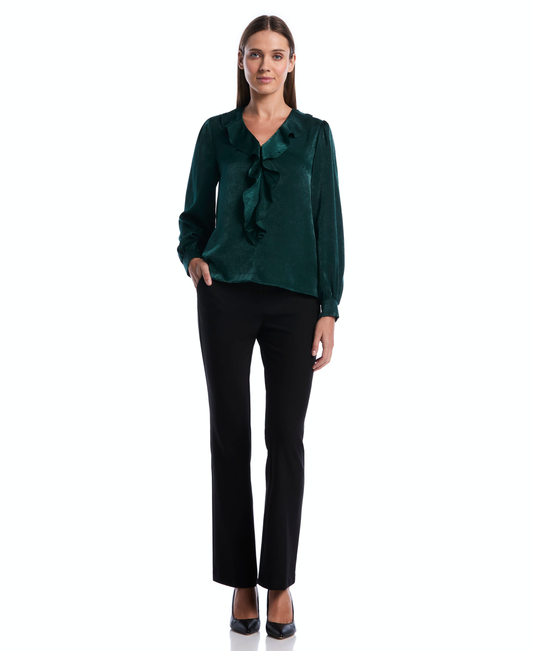 Petite Ruffle V-Neck Blouse (Ponderosa Pine) 