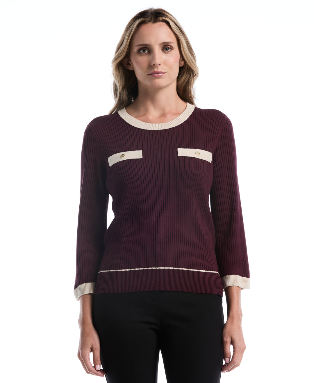 Petite Contrast Trim Sweater (Winetasting) 