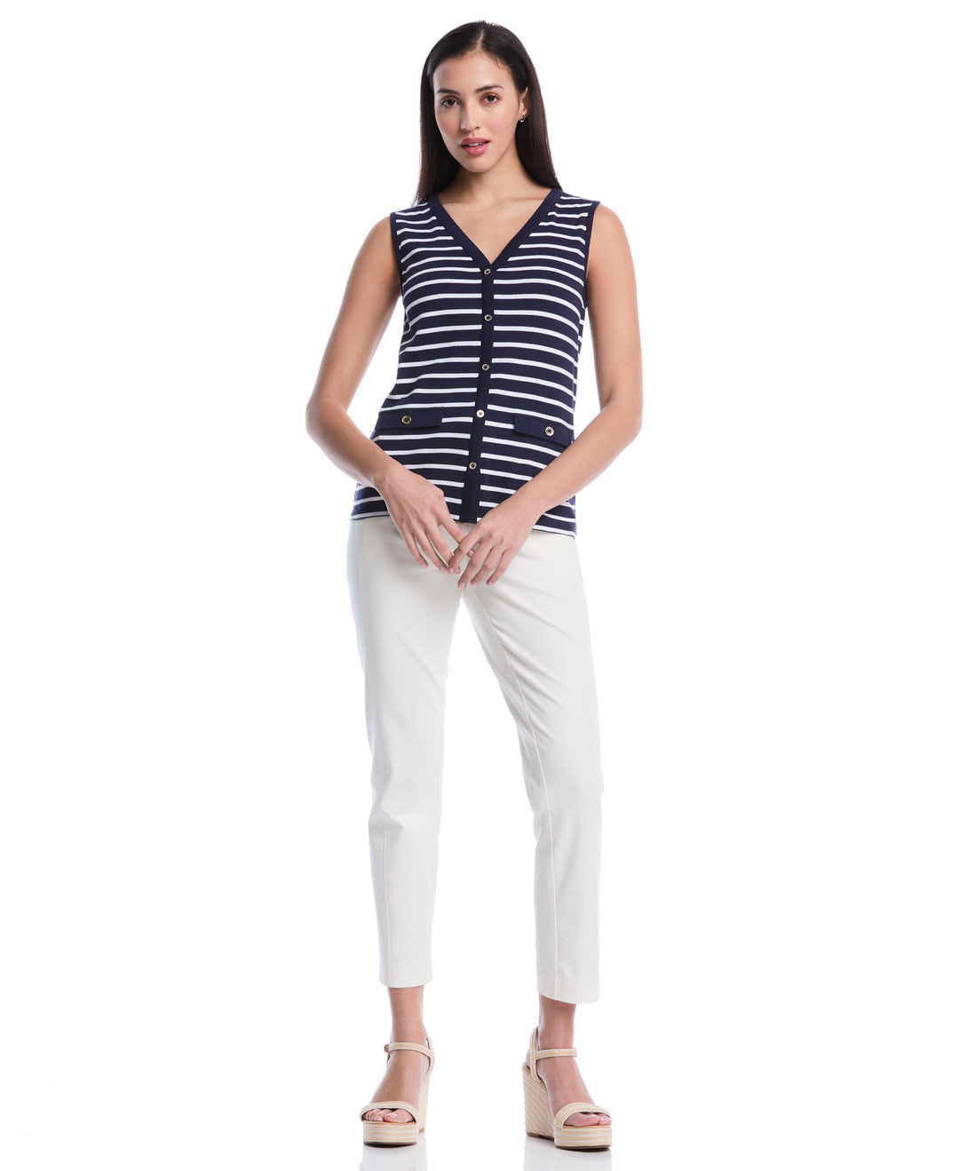 Petite Striped Button Front Tank Top (Peacoat) 